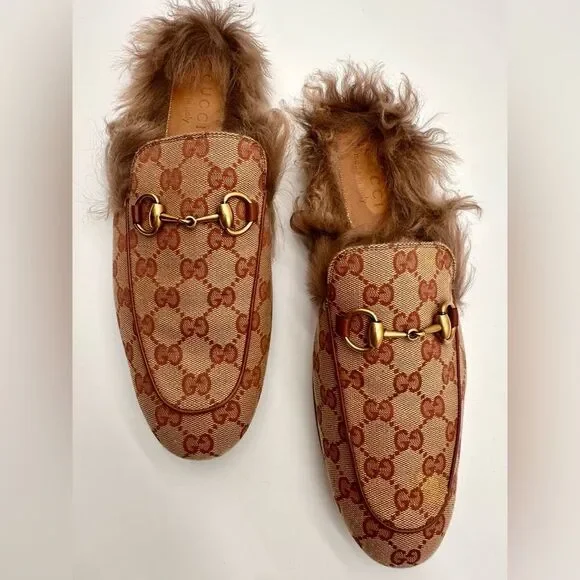 Gucci Princetown Horsebit Brown GG Print Canvas Fur Slippers Loafers US 7 EU 41